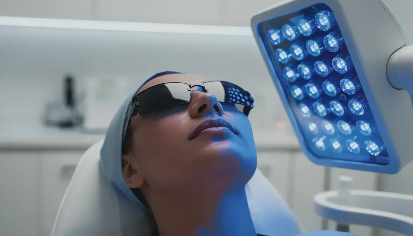 a patient's face illuminated by blue light during a photodynamic therapy session, highlighting the treatment of skin conditions like actinic keratosis. The blue light therapy aims to improve skin texture and heal the treated area, while the patient wears protective clothing to minimize risks associated with sun exposure.